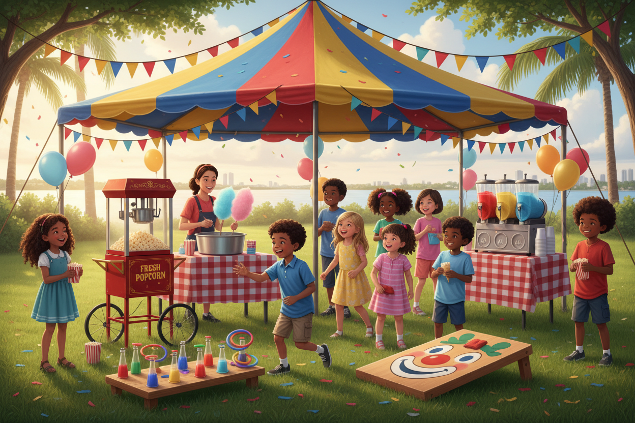 Diverse group of children enjoying the Mini Party Play package with popcorn, cotton candy, slushie and games