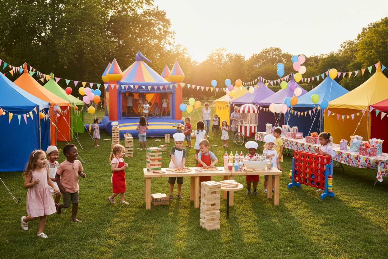 Diverse group of children enjoying the Ultimate Party Experience with bounce house, giant games, pizza and ice cream