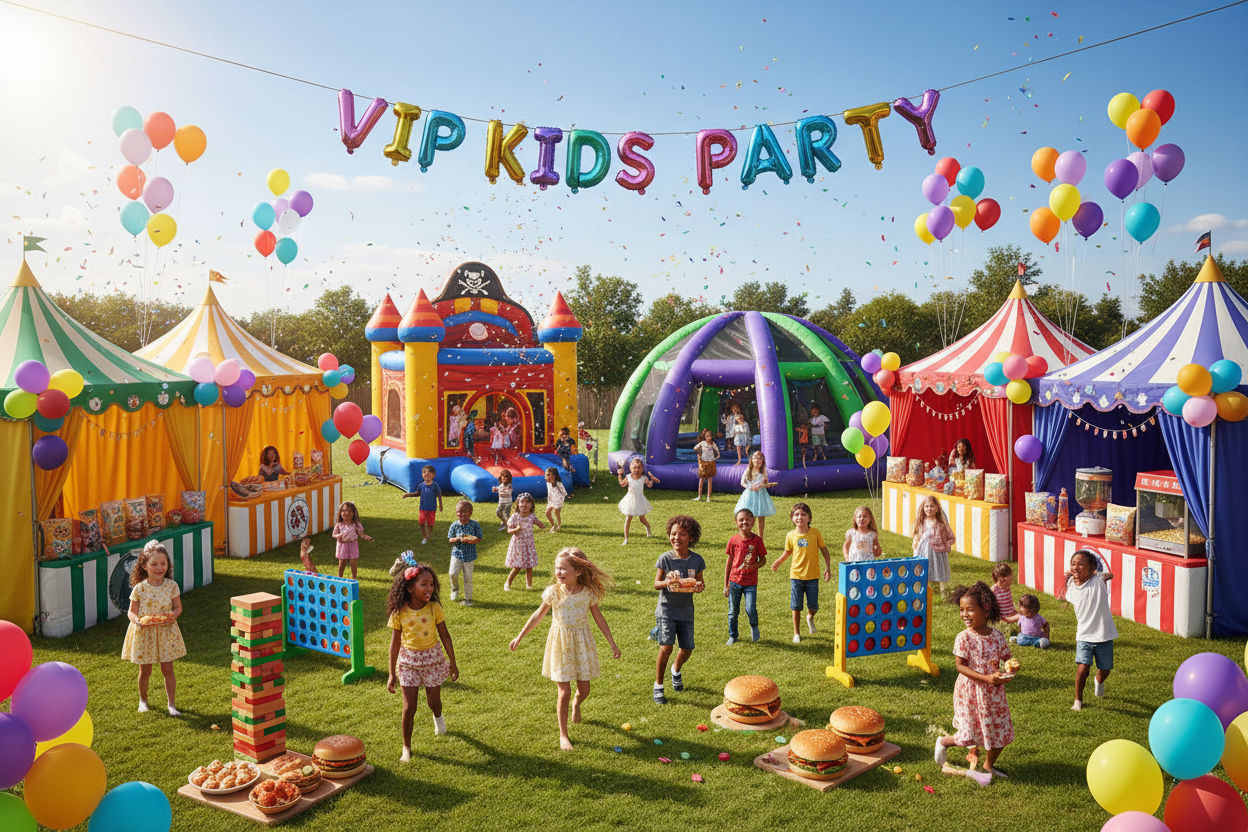 Diverse group of children enjoying the VIP Ultimate Takeover with two bounce houses, laser tag, full food village and tents