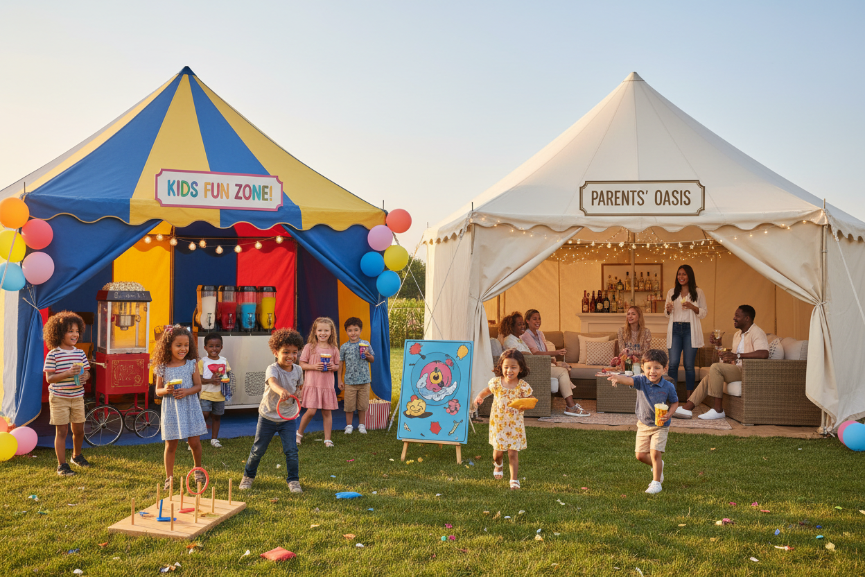 Diverse group of children enjoying the Party Plus package with kids corner tent, parents lounge and games